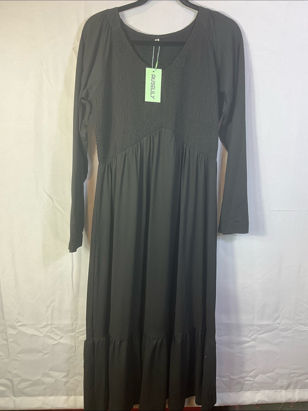 Auselily Long Sleeve Smocked Bodice Black Maxi Dress Size XL